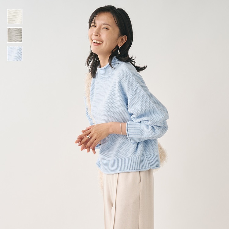 【小顔効果も！ロールネックカノコ編みニットトップス】